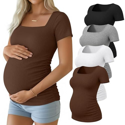 Huukeay 4 Pack Women's Short Sleeve Maternity Shirts - color: Black, Heather Gray, White, Brown, size: Small