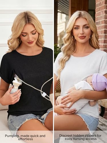 Ecavus 3 Pack Women's Nursing Shirts for Breastfeeding with Hidden Zipper - color: White+grey+black, size: Large