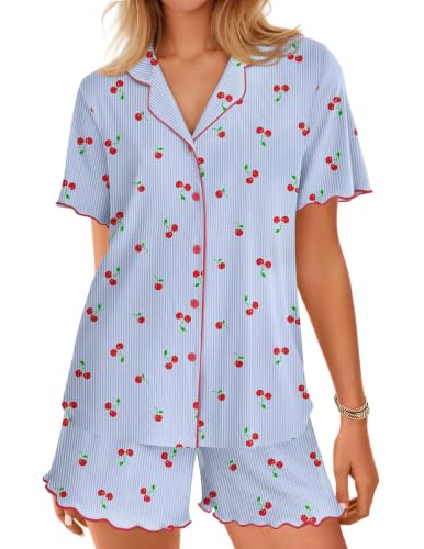 Ekouaer Button Up Pajamas for Women Set Ribbed Knit Pjs 2 Piece Lounge Set - color: Blue-cherries, size: Medium