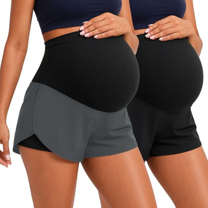 Coume 2 Pack Maternity Yoga Shorts Over Belly Pockets - color: Black/Dark Gray, size: Large