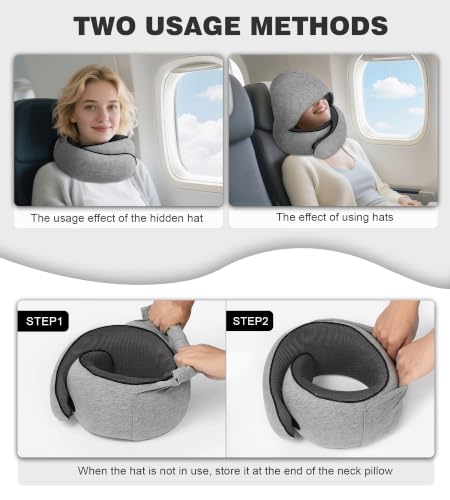 Hat-style travel neck pillow, upgraded version of airplane neck pillow - color: Light Grey