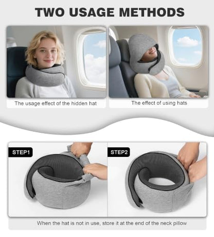 Hat-style travel neck pillow, upgraded version of airplane neck pillow - color: Light Grey