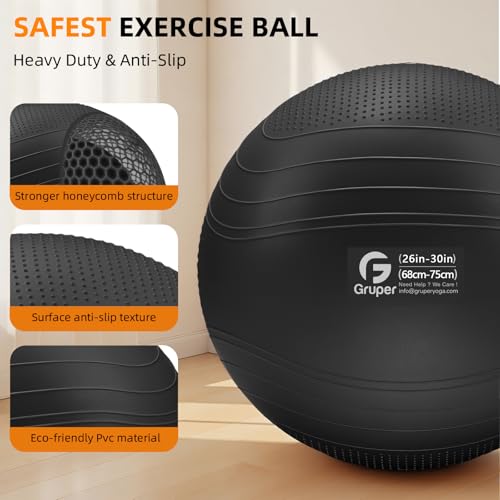 Gruper Yoga Ball, Extra Thick Non Slip Exercise Ball, 4 Sizes - color: Black, size: 30 Inch (75cm),xl