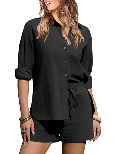 EXLURA Womens 2 Piece Sets Summer Cotton Long Sleeve Shirts Matching Shorts - color: Solid Black, size: X-Small