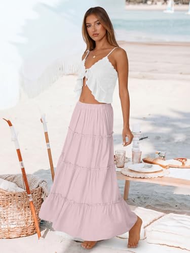 Trendy Queen Maxi Skirts for Women Boho Skirt with Pockets Summer Outfits - color: Pink, size: Small