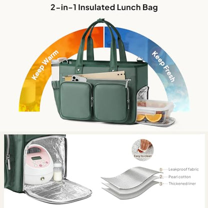 TOPEAST Work Tote Bag for Women with Insulated Lunch Compartment - color: Green