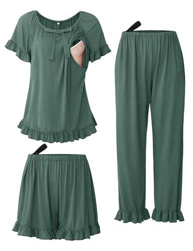 SUNNYBUY 3 PCS Ruffle Nursing Pajamas Set with Bow, Maternity Sleepwear - color: Teal, size: X-Large