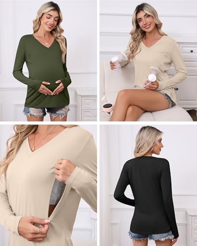 Huukeay 3 Pack Maternity Nursing Tops Breastfeeding Shirts - color: Black, Army Green, Light Khaki, size: Medium