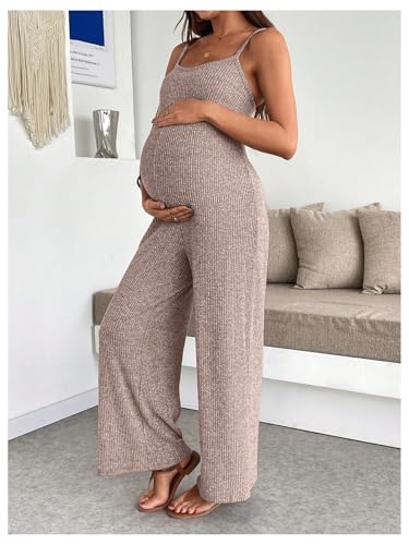 MakeMeChic Women's Maternity Cami Jumpsuit Ribbed Pregnancy Overalls Romper - color: Pink, size: Medium