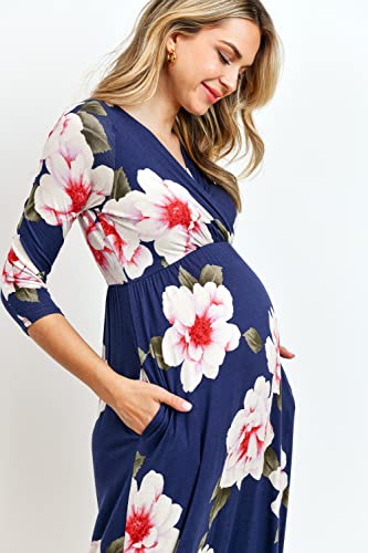 LaClef Women's Wrapped Ruched Maternity Dress with Pocket - color: Navy Flower, size: Medium