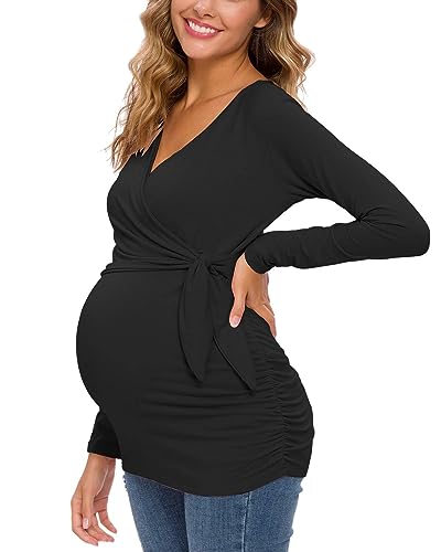 Glampunch Maternity Shirts Short & Long Sleeve Wrap Maternity Tops - color: 03-black, size: Small