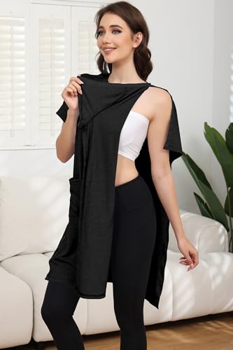 Women's Post Shoulder Surgery Tear Away Dress Short Sleeve Full Open Side Snap Adaptive Clothing with Pockets - color: Black, size: Large