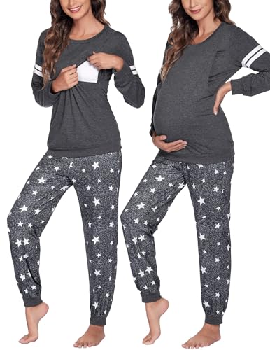 Maternity Pajamas Set Nursing Breastfeeding Postpartum Pregnancy Pjs - color: Grey-stars, size: Large