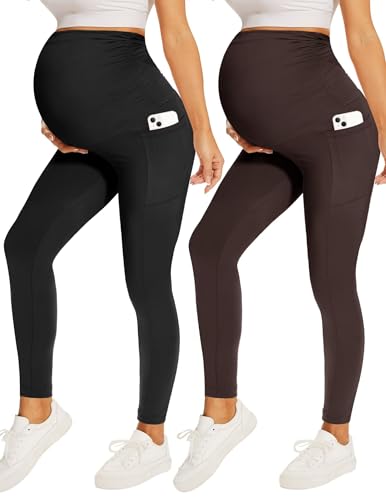 Fotociti Maternity Leggings with Pockets Over Belly Pregnancy Yoga Pants - color: 4-black+coffee, size: Medium