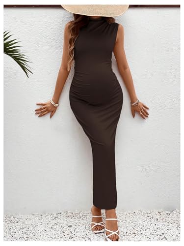 OYOANGLE Women's Maternity Mock Neck Sleeveless Ruched Bodycon Maxi Dress - color: Deep Brown, size: Medium