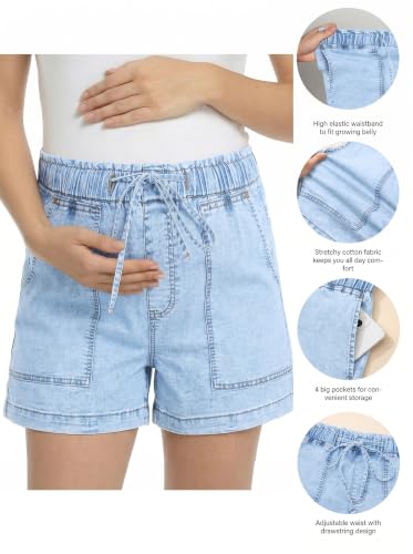 BLENCOT Maternity Jeans Shorts High Rise Stretchy Drawstring Postpartum - color: Myosotis, size: Small