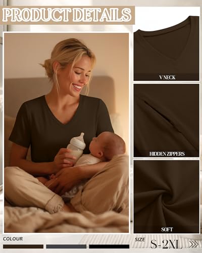 3 Pack Women's Nursing Tops Hidden Zipper - color: Black, Dark Gray, Coffee, size: Small
