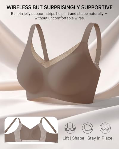 As Fairy Wireless Seamless Jelly Support Full Coverage Bra with V Mesh Neck - color: Grey-mesh, size: 38B