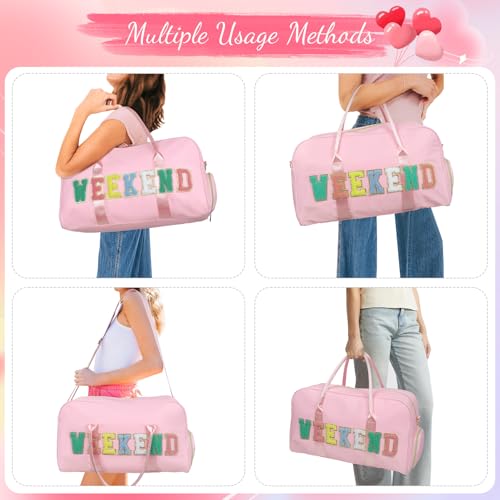 2 Pcs Weekend Duffel Bag with Shoes Compartment Cosmatic Bag for Travel Vacation Overnight Carry on - color: Pink/Weekend