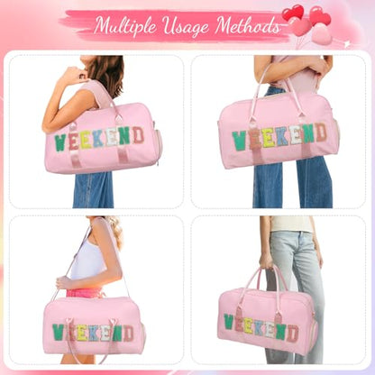 2 Pcs Weekend Duffel Bag with Shoes Compartment Cosmatic Bag for Travel Vacation Overnight Carry on - color: Pink/Weekend
