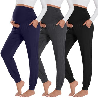 Neer 3 Pack Maternity Joggers Lounge Sweatpants with Pockets - color: Black, Dark Heather Gray, Navy Blue, size: X-Large