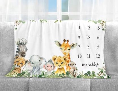 Safari Animals Milestone Blanket, Jungle Baby Growth Chart Monthly Blanket
