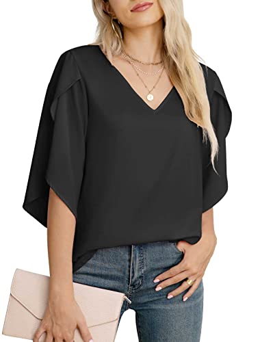 Jouica Women's 3/4 Ruffled Sleeve Blouses Summer Chiffon Casual Loose Tops - color: 01black, size: Medium