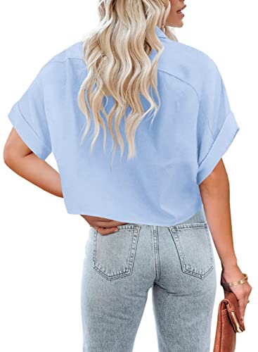 LAYOGAS Womens Crop Button Down Shirts Casual Long Sleeve Lapel Blouse - color: 15-light Blue, size: Small
