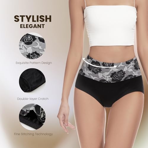 Honzadar Cotton Underwear for Women, Breathable High Waisted Panties - color: Black-5pack, size: X-Large