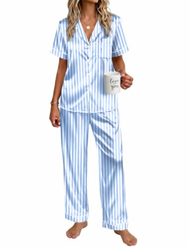 Ekouaer Womens Satin Pajama Set Silky Short Sleeve Button Down Pj Set - color: Blue Stripes, size: Small