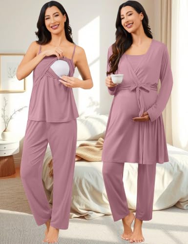 SWOMOG Maternity Nursing Robe Set 3 PCS Postpartum Pajamas Breastfeeding Pregnancy Robe & Camisole & Pants - color: Taro Purple, size: Medium