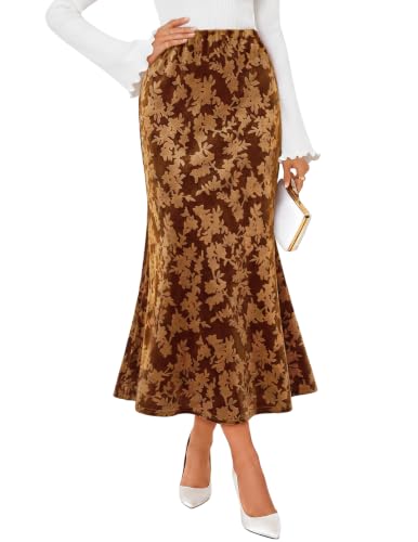 MEROKEETY Women's Fall Floral Velvet Maxi Skirt - color: Golden, size: Large