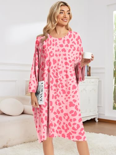CRIPOM Plus Size Moo Moos for Women Oversized Sleep Shirts with Pockets - color: Pink Leopard