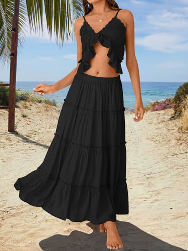 Trendy Queen Maxi Skirts for Women Boho Skirt with Pockets Summer Outfits - color: Black, size: X-Large