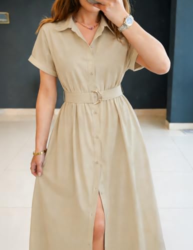 ZESICA Women's Summer Button Down Short Sleeve Midi Dress - color: Natural, size: Small