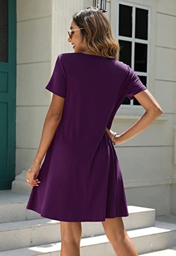 Manydress Women's Button Down Summer Dress Short Sleeve with Pockets - color: Dark Purple, size: Medium