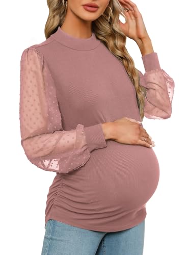 FMEYOA Women's Maternity Shirt Long Sleeve Top Mock Neck Blouse - color: Pink, size: Medium