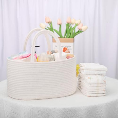 COMSE Large Cotton Rope Baby Diaper Caddy Organizer with Handles, White - color: White, size: Large