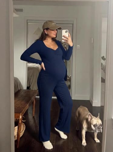 BLENCOT Maternity Ribbed Jumpsuit Long Sleeve Square Neck Stretchy Romper - color: Navy Blue, size: Small