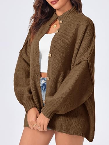 Saodimallsu Womens Oversized Cardigans Long Lantern Sleeve Button Down Chunky Knit Loose Fall Sweater Coats - color: Coffee, size: Small