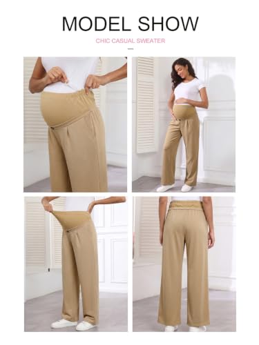 BLENCOT Maternity Pants Over Belly Stretchy Wide Leg Work Trousers - color: Camel, size: Small