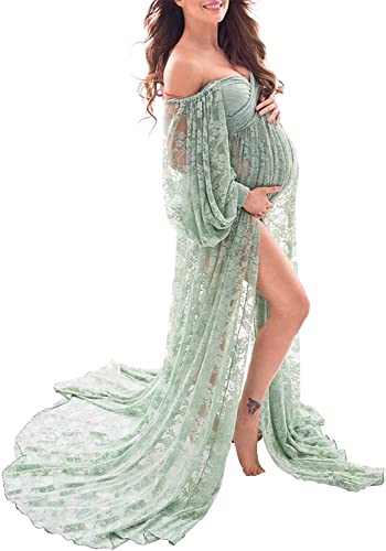 Saslax Sheer Lace Off Shoulder Maternity Maxi Dress for Photoshoot - color: Sage, size: Medium