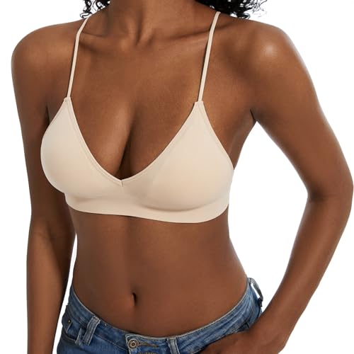 Seamless Bra for Women Low Back Bralette Wirefree Spaghetti Bra with Padded Removeable - color: Beige, size: Medium