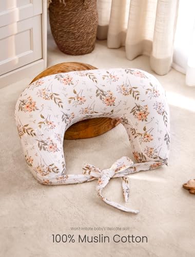 lulumoon Muslin Nursing Pillow Covers: with Strap for Snug Fit & No Sliding - color: Mocha & Flower