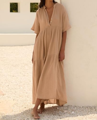 R.Vivimos Womens Summer Cotton Casual Flowy Maxi Dress - color: Light Khaki, size: X-Large