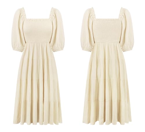 R.Vivimos Women's Cotton Off-Shoulder A-Line Midi Dresses - color: Beige, size: Medium