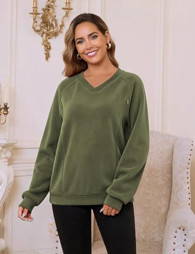 Bhome Fleece Breastfeeding Shirts Hidden Zipper Nursing Tops Pumping Friendly Sweatshirt Oversized Pullover with Pockets - color: Olive Green, size: Medium