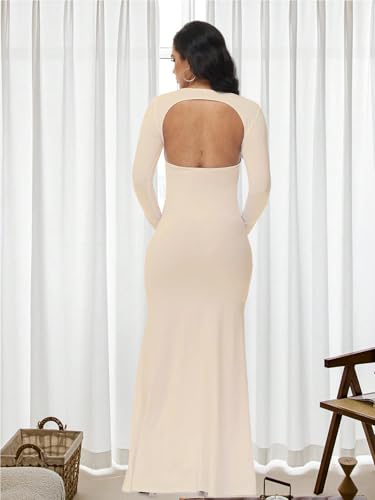 Women's Maternity Elegant Fitted Maxi Dress for Photoshoot - color: Beige, size: Medium