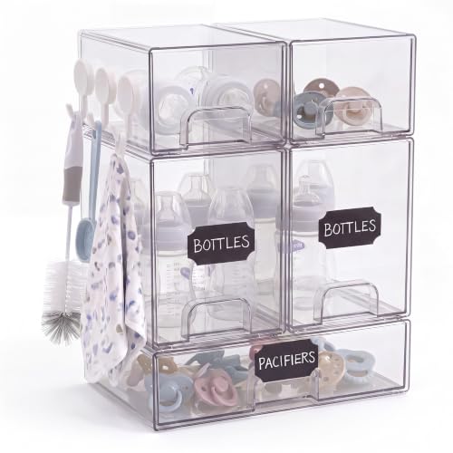 5 pack baby bottle storage organizer - clear acrylic stackable storage drawers with handles for baby bottles, kitchen countertop, pantry and vanity