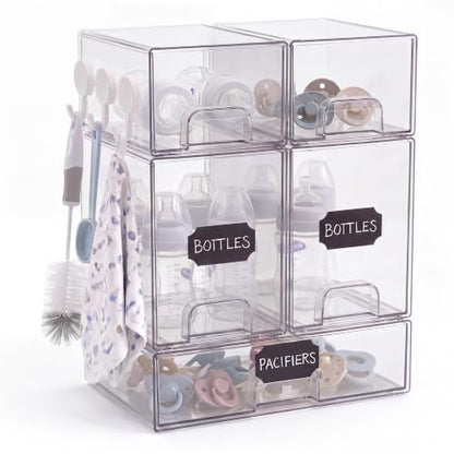 5 pack baby bottle storage organizer - clear acrylic stackable storage drawers with handles for baby bottles, kitchen countertop, pantry and vanity
